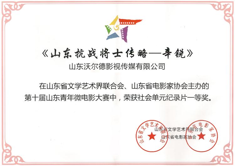 《山东抗战将士传略：辛锐》荣获山东青年微电影大赛纪录片一等奖.jpg